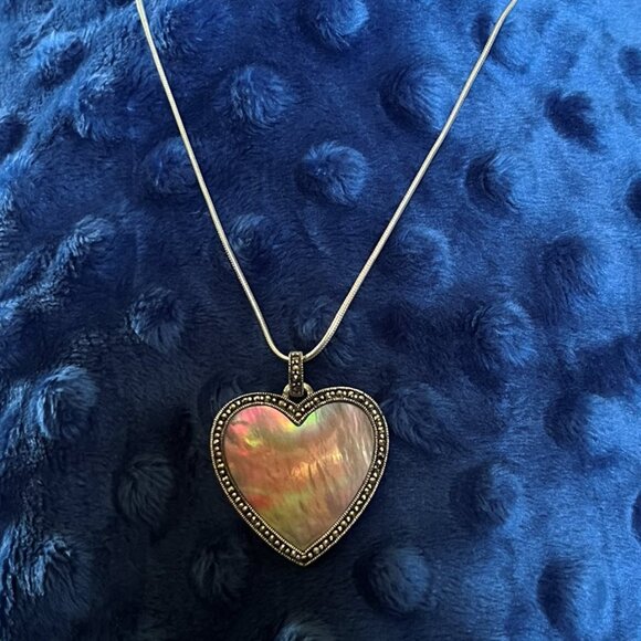 Abalone and Silver from Thailand Jewelry - Abalone (Mother of Pearl) Heart Pendant, Marcasite Accents, Thai Sterling Silver